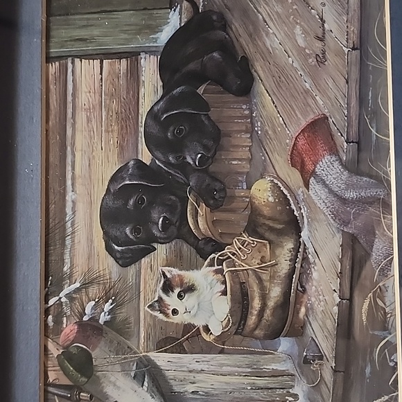 Framed Artwork with Puppies and Kitten and Duck. 9 X 11 Size. - Picture 2 of 4